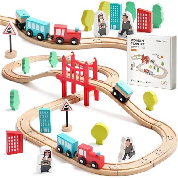Land Wooden Train Set for Toddler - 39 Pcs- with Wooden Tracks Compatible - Picture 1 of 8